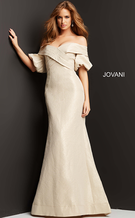 Jovani 06831 Cream Off the Shoulder Short Sleeve Evening Dress